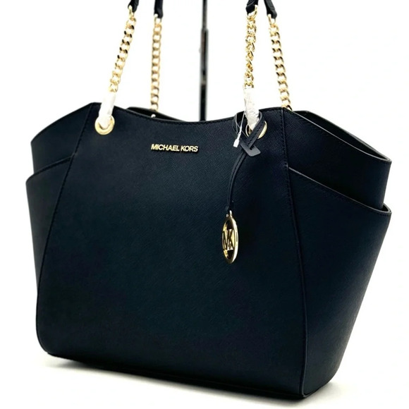 Michael Kors Jet Set Travel Large Chain Shoulder Tote Bag Black/Gold - Picture 3 of 12